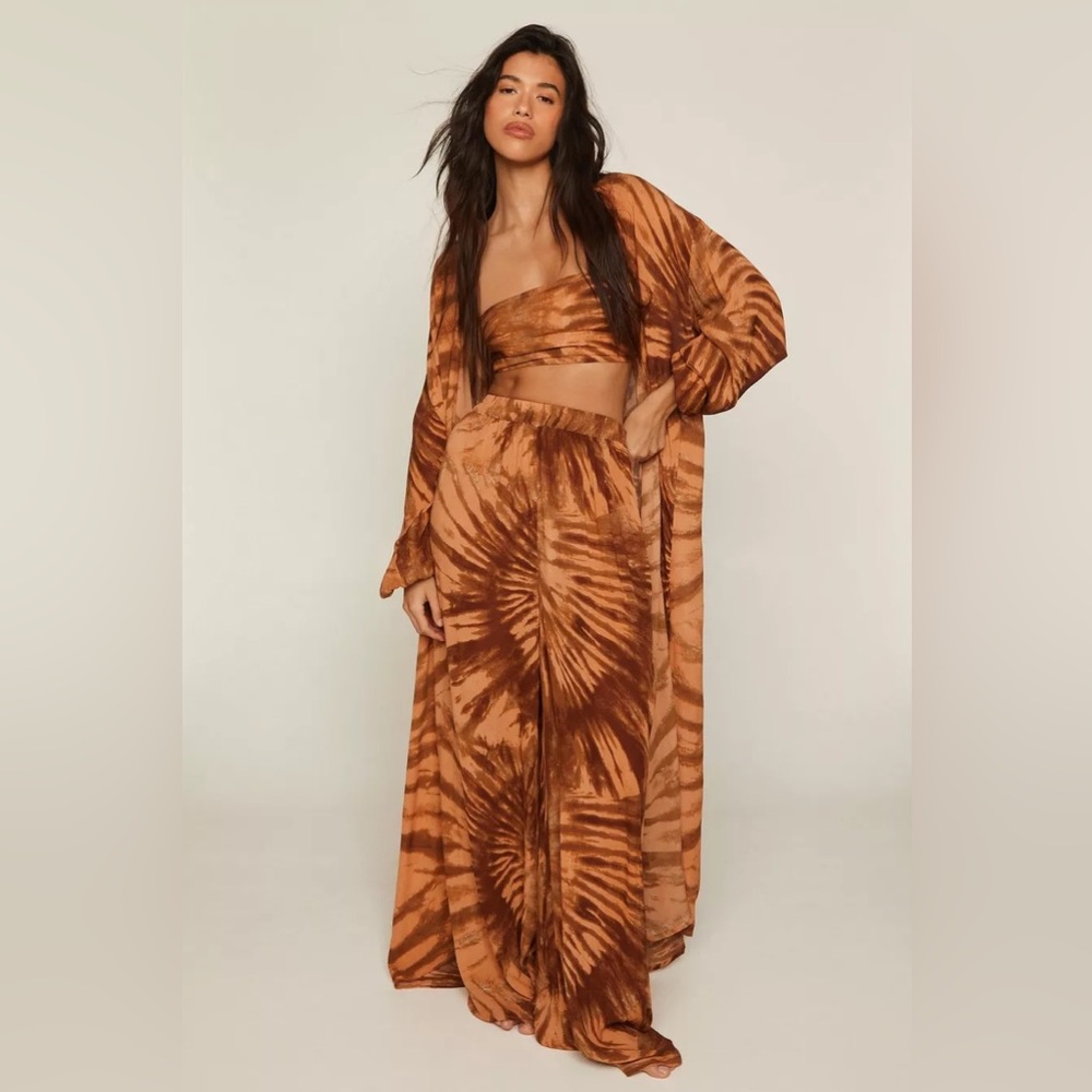 Crinkle Viscose Tie Dye Bandeau, Pants, Kimono 3pc Set - Size L